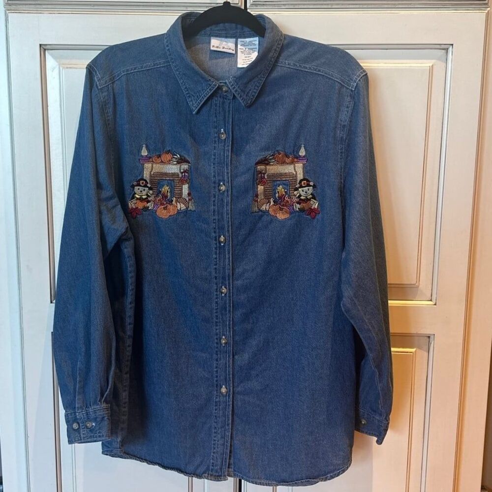 Vintage 80s Denim‎ Button Up Bobbie Brooks Large Bears Thanksgiving Embroidered